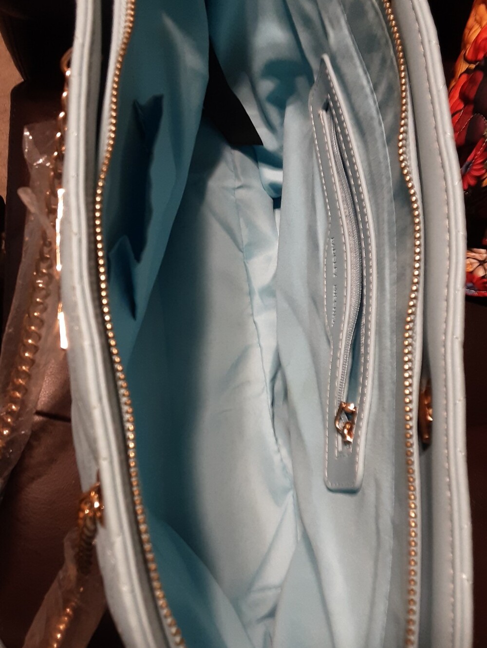 Bagley Mischka Quilted Light Blue Tote Bag with Gold Chain Handles - Picture 8 of 12